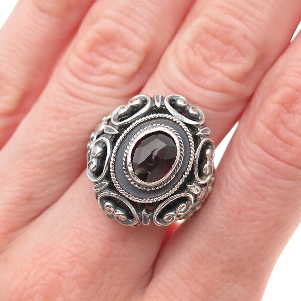 835 Silver Antique Art Deco Austria Real Red Garnet Floral Oxidized Ring Size 7